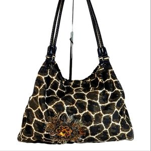 SOLD........Brighton Eyrka Giraffe Print Fabric With Leather Trim Large Tote